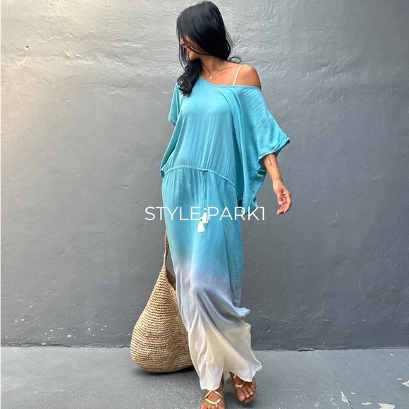 STYLE PARK MAXI KAFTAN DRESS - BNWT - ONE SIZE - BLUE DAISY/CREAM OMBRE - Picture 9 of 11